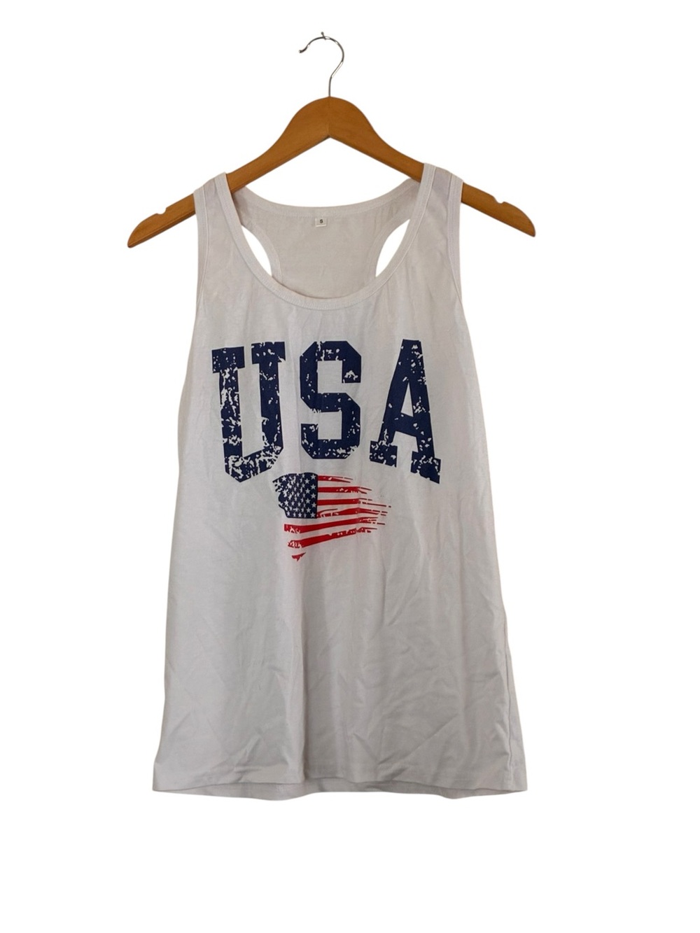 USA Patriotic red white and blue graphic racer back long tank top size small